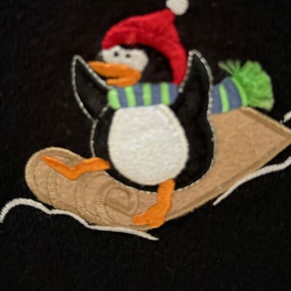CROFT & BARROW NWOT Cotton Penguins Ugly Christmas Cardigan Sweater L Black - Picture 3 of 6